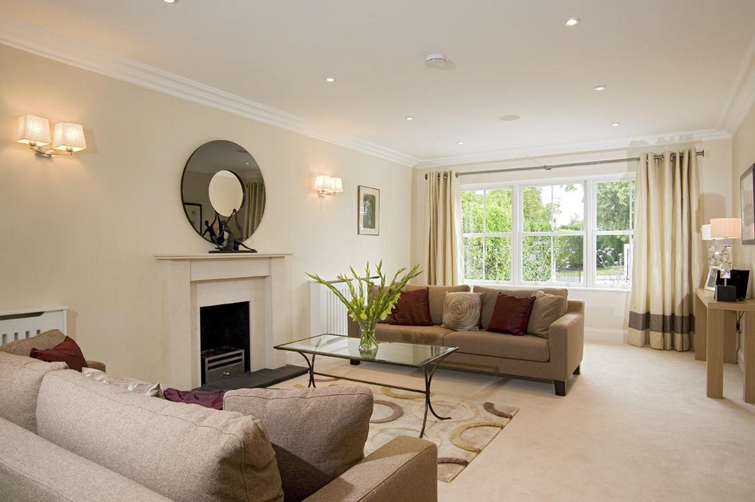 cream luxury carpet in living room with flowers