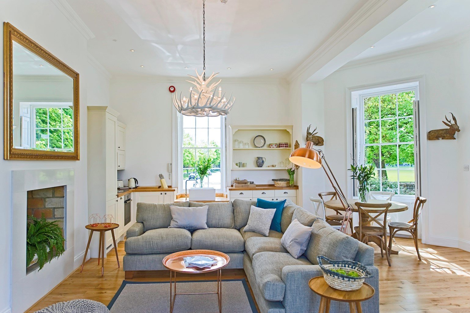 wood flooring in spacious living room