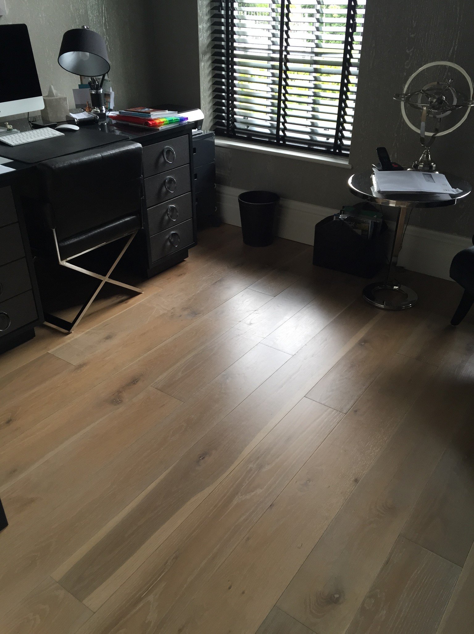 smoked engineered wood flooring in home office