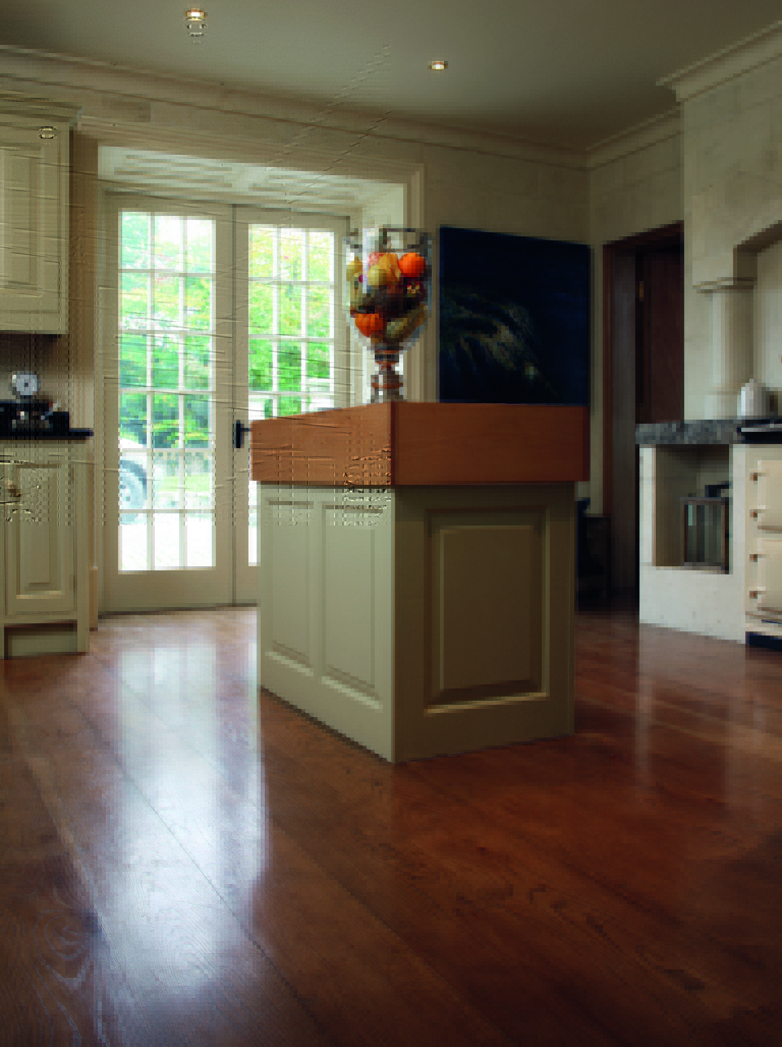 luxury wood flooring and kitchen island