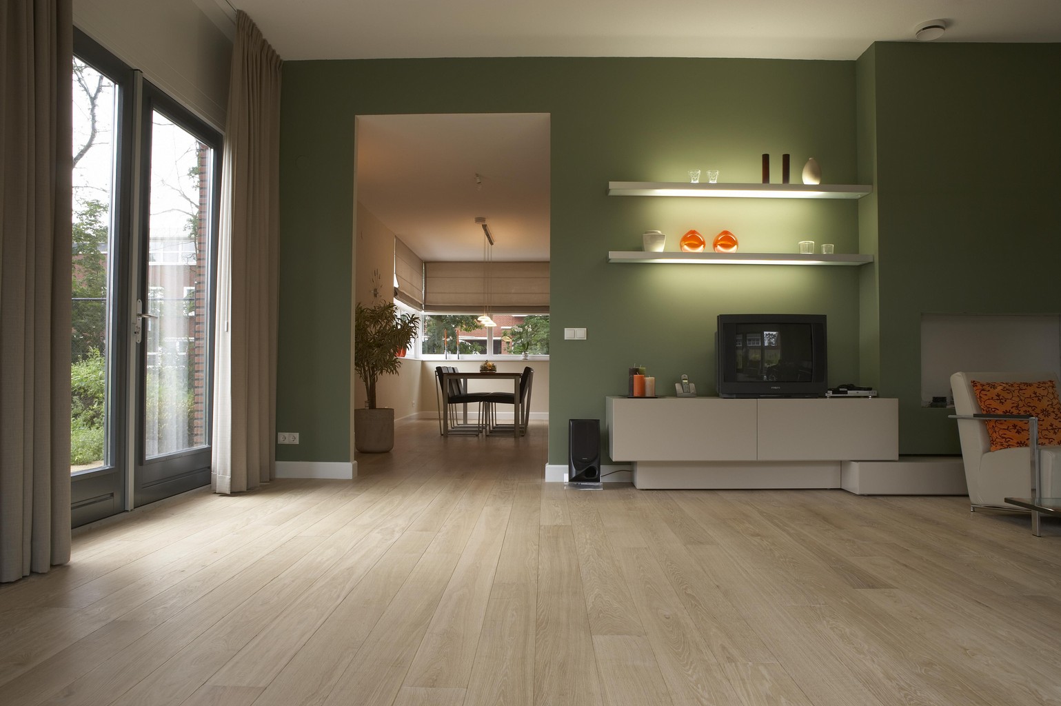 engineered oak plank in green living room